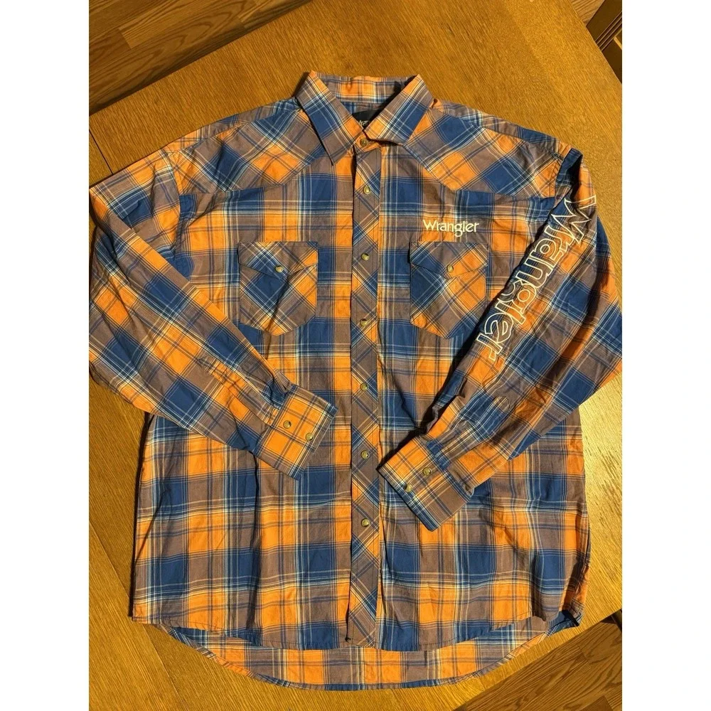 Wrangler Shirt Men's XL Orange‎ Blue Plaid Pearl Snap Western Rodeo Logo LS